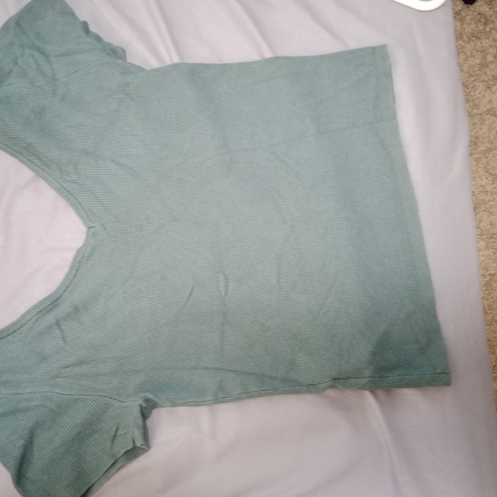 Women's Ribbed V-Neck Top - Turquoise - Picture 2 of 2